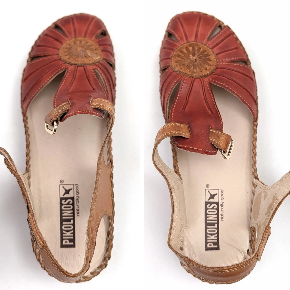Pikolinos Puerto Vallarta Sandals Leather Slingback Closed Toe Red Tan EU 37